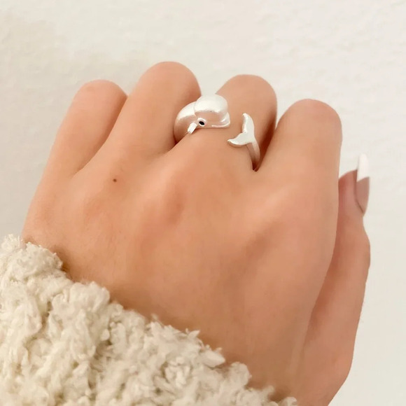925 Sterling Silver Dolphin Ring Fish Ring Cool Animal Ring Adjustable Ring - Picture 6 of 9